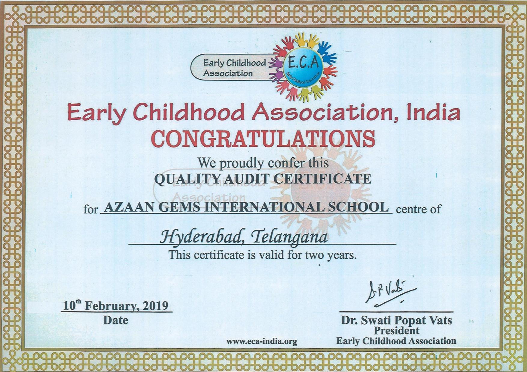 Quality Audit Certificate from Early Childhood Association